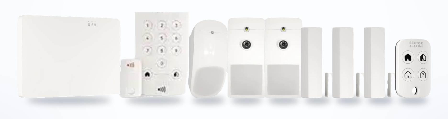 Dispositivos del Kit Unifamiliar: central, teclado, movimiento, 2 detectores con cámara, 3 contactos de apertura y llave